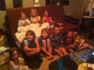 The kids enjoying a movie night with the Ayers, while Paul and I were out of town.